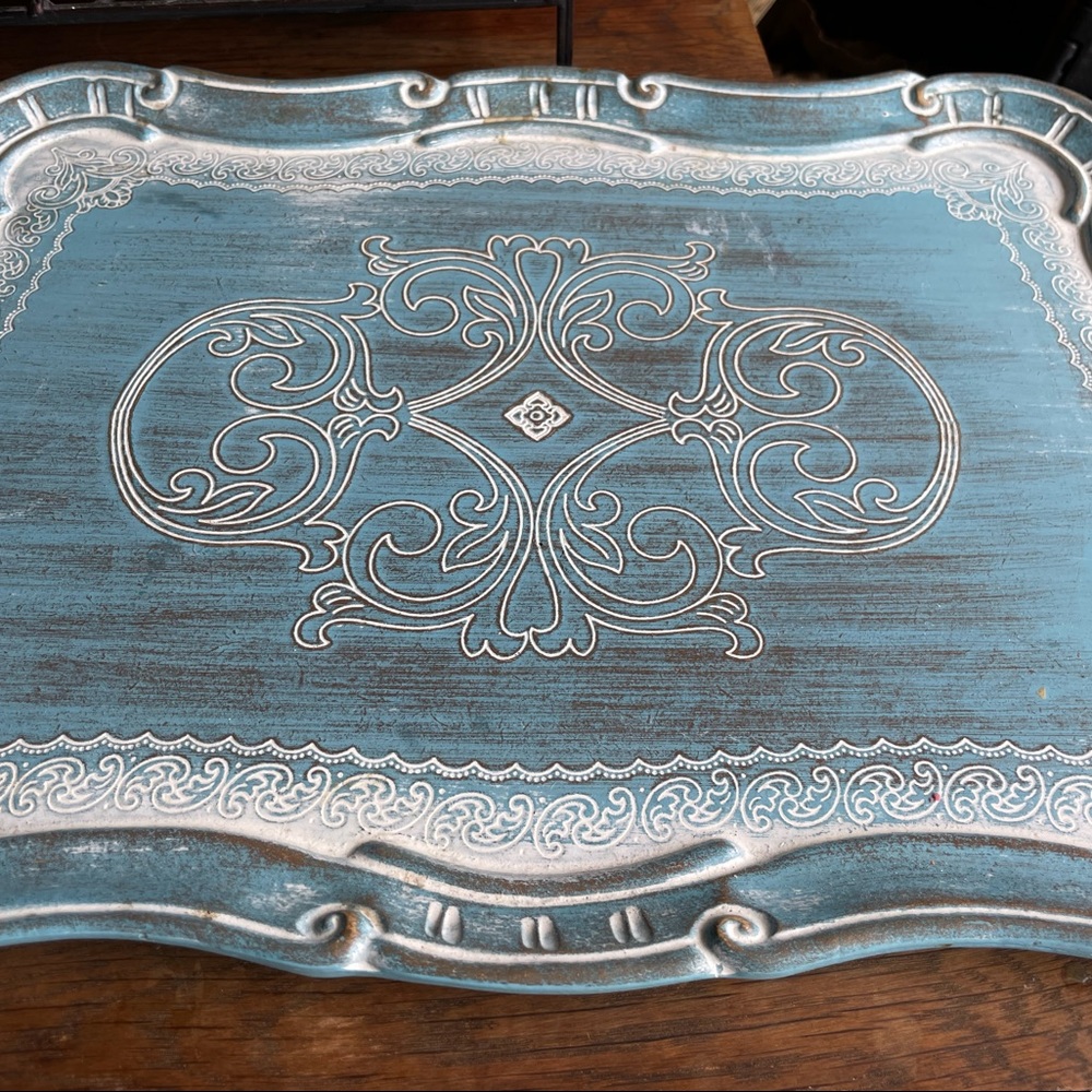 Sezzatini Italy Florentine Tole Blue Hand Painted Tray 21"